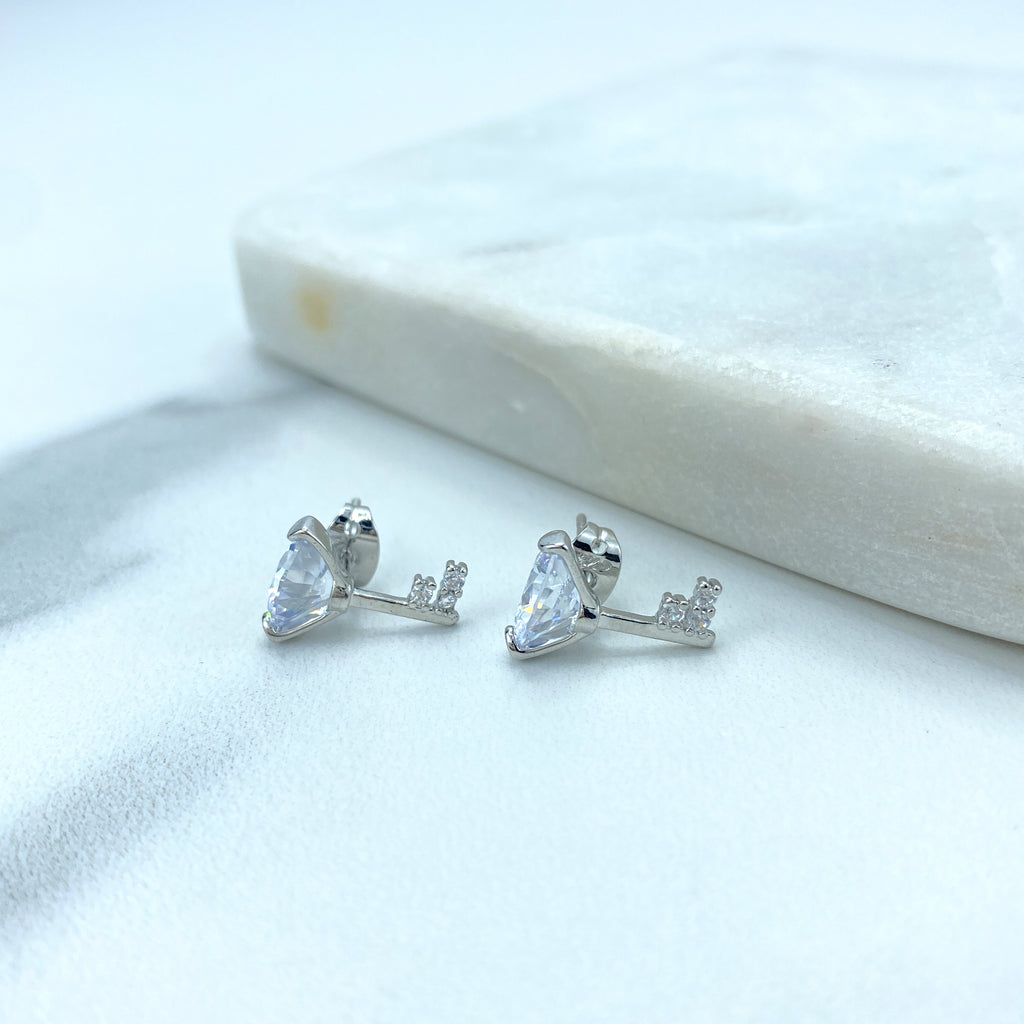 Silver Filled Key Shape Stud Earrings with Round Clear Solitaire Zirconia Top and Micro CZ