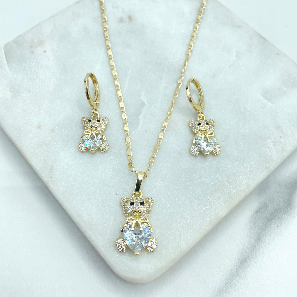 18k Gold Filled Micro CZ Teddy Bear Necklace & Huggie Earrings Set, Clear or Pink Heart
