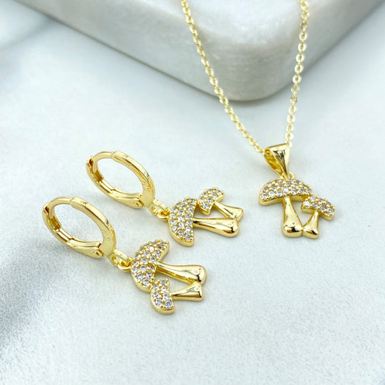18k Gold Filled Mushroom Jewelry Set, Necklace and Dangle Charm Huggie Earrings, Micro Pave CZ  Mushroom Set