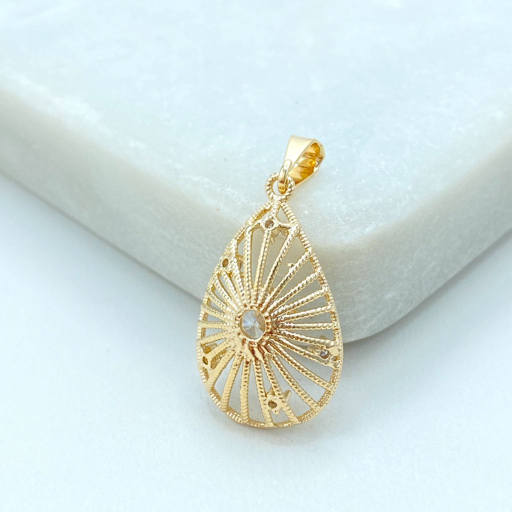 18k Gold Filled Teardrop Pendant, CZ Filigree Drop Charm, Elegant Dangle Jewelry, Sparkling Teardrop Pendant