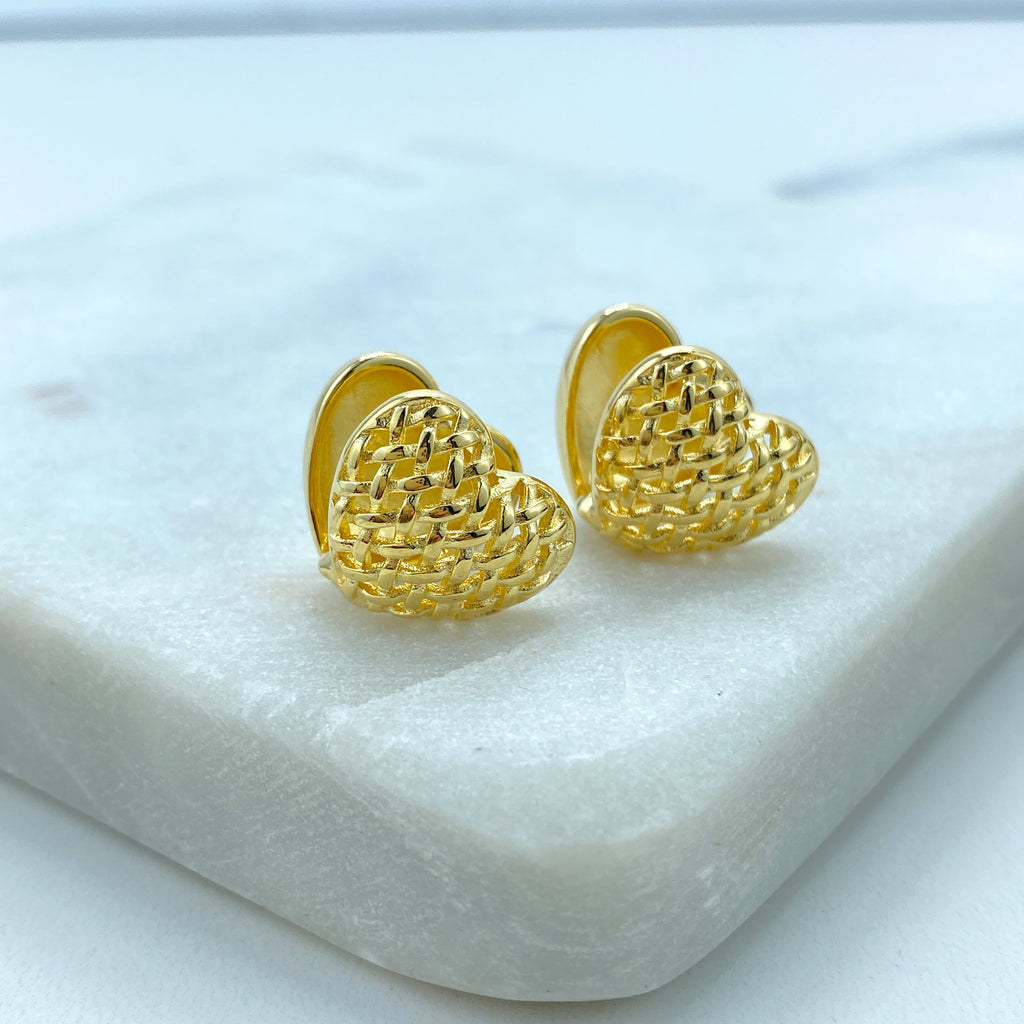 18k Gold Filled Textured Heart Shape Petite Earrings, Polished Back