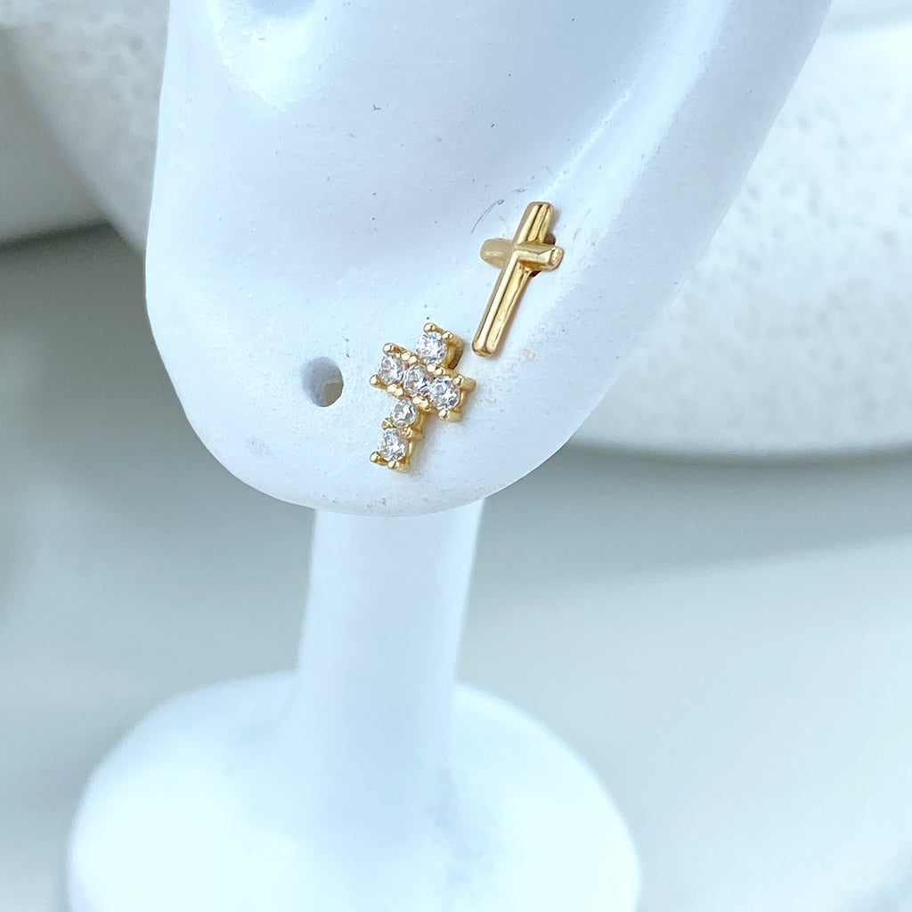 14k Solid Gold Cross Shape Stud Earrings, Polished or featuring Cubic Zirconia