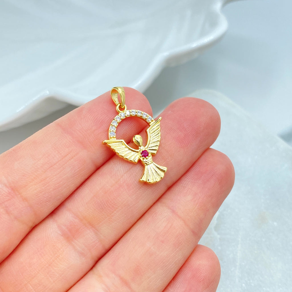18k Gold Filled Angel Charm, CZ Halo Pendant with Red CZ Stone, Dainty Religious Jewelry, Faith Gift, CZ Angel Charm