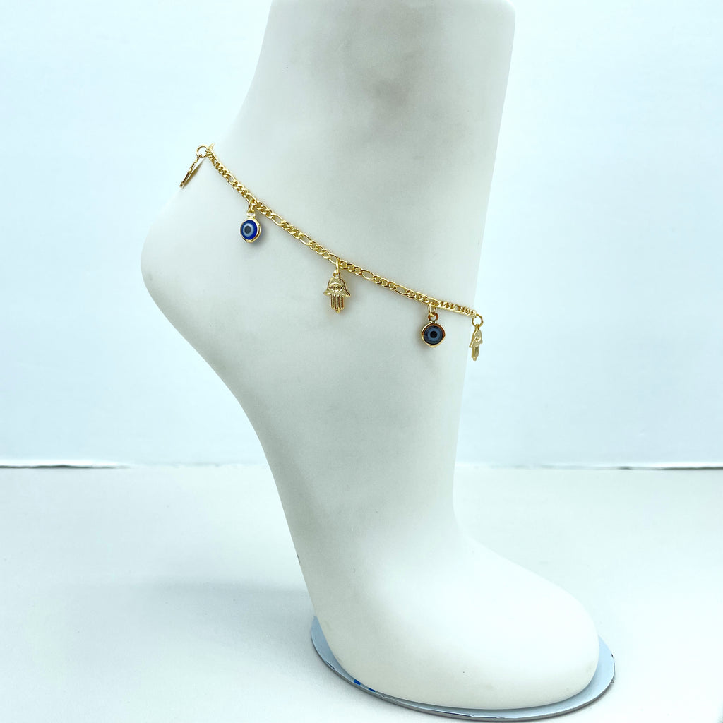 18k Gold Filled Anklet, 2mm Figaro Chain with Dangle Blue Evil Eyes and Hamsa Hands