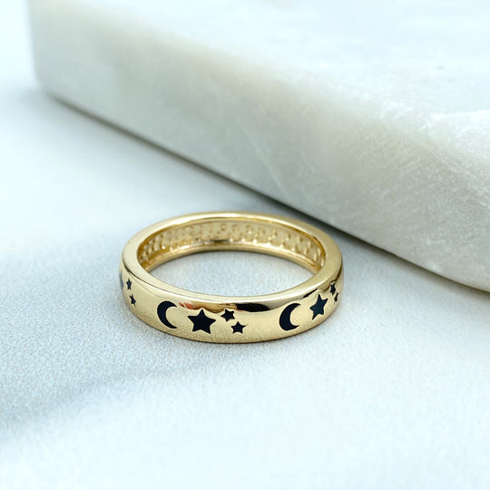 18k Gold Filled Moon and Star Gold Band Ring, Celestial Boho Gold Ring, Moon and Star Gold Ring with Black Enamel Detail