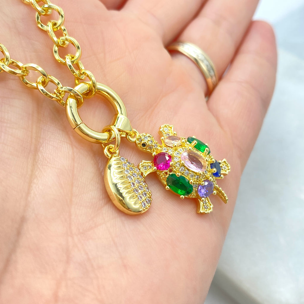 18k Gold Filled Necklace, Rolo Chain with Multicolor CZ Turtle and Clear CZ Cowry Shell Charms Necklace, 16" + Extender