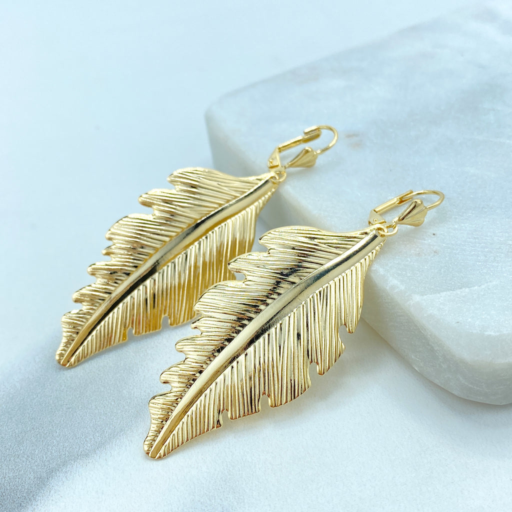 18K Gold Filled Textured Feather Leaf Drop Dangle Earrings, Dangly Boho Leaf and Feather Drop Earrings, Dangling Nature