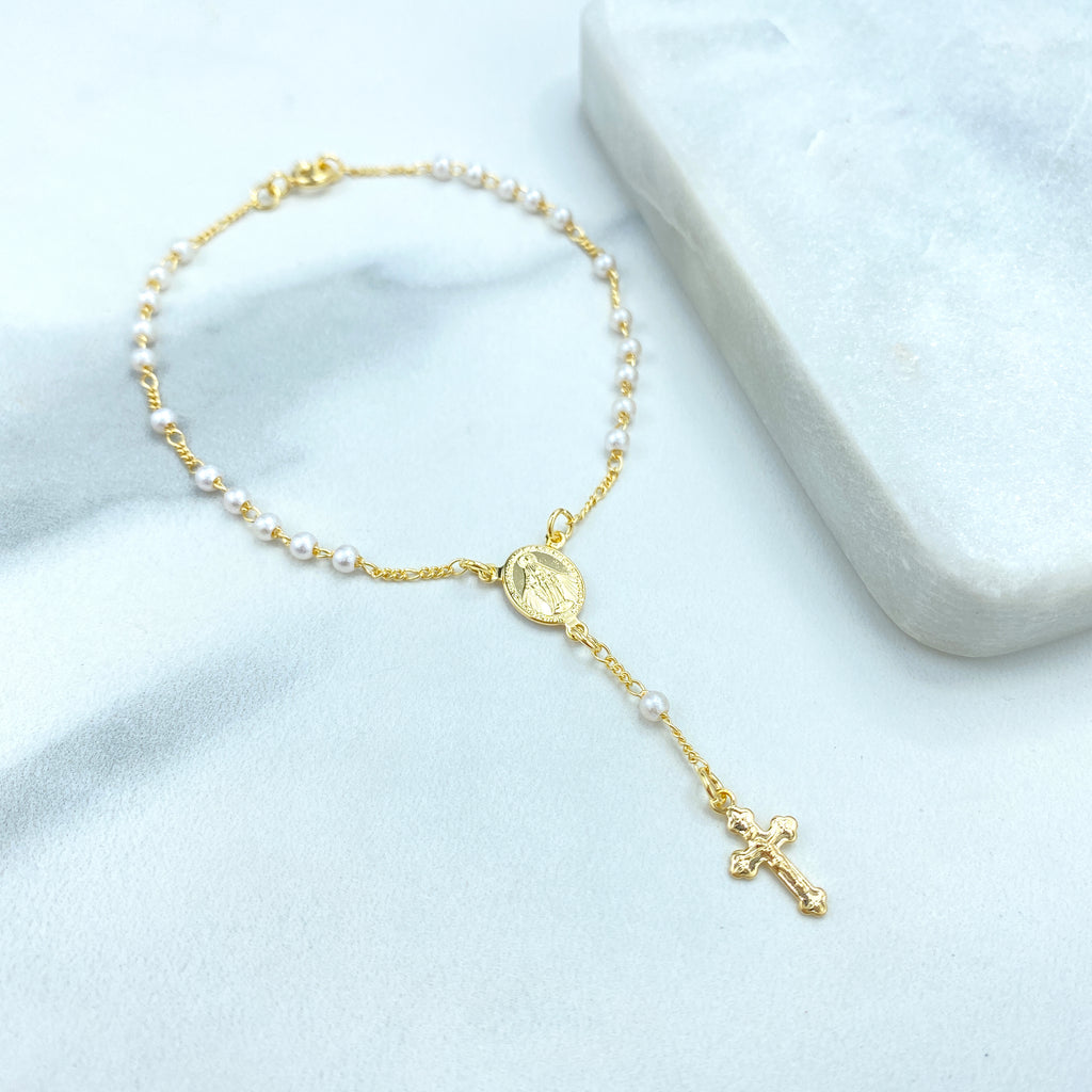 18k Gold Filled Pearls Rosary Bracelet with La Milagrosa Charm, Simulated Pearls Rosary Bracelet with Miraculous Virgin