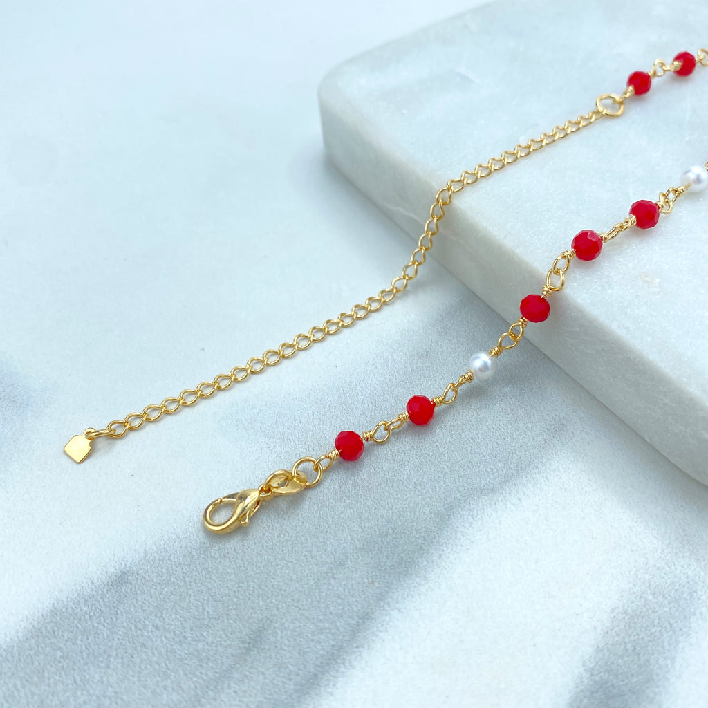 18k Gold Filled Colored Beads Set, Red White Beaded Chain, Necklace, Bracelet or Earrings