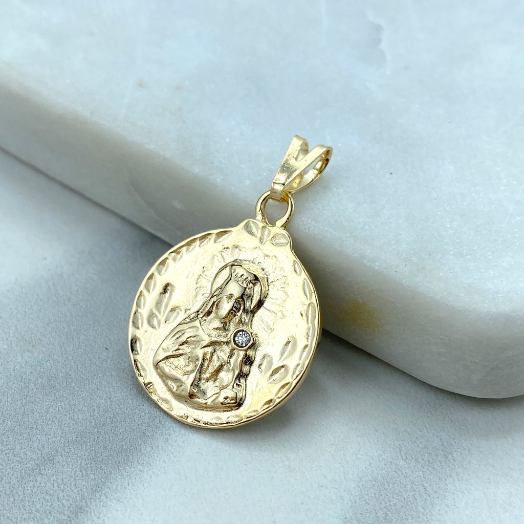 18k Gold Filled Clear Cubic Zirconia Santa Barbara, Saint Barbara Medallion Pendant, Round Religious Charm for Women