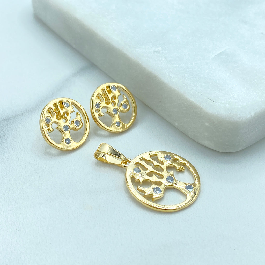 18k Gold Filled Tree of Life Stud Earring and Pendant Set, featuring Micro CZ, Cutout Style