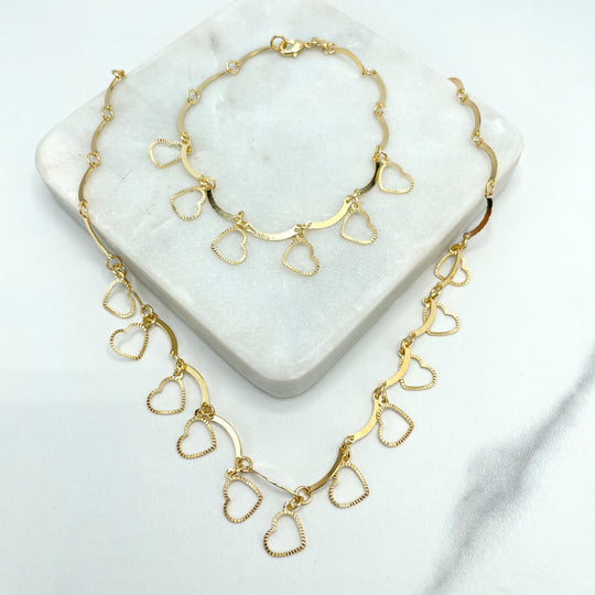 18k Gold Filled Specialty Chain with Dangle Cutout Texturized Hearts Charms