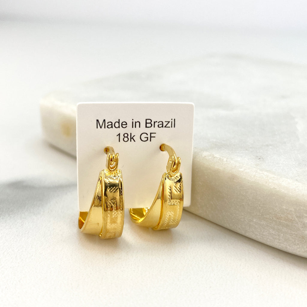 18k Gold Filled Layered Texturized Greek Key Pattern and Plain Huggie Earrings
