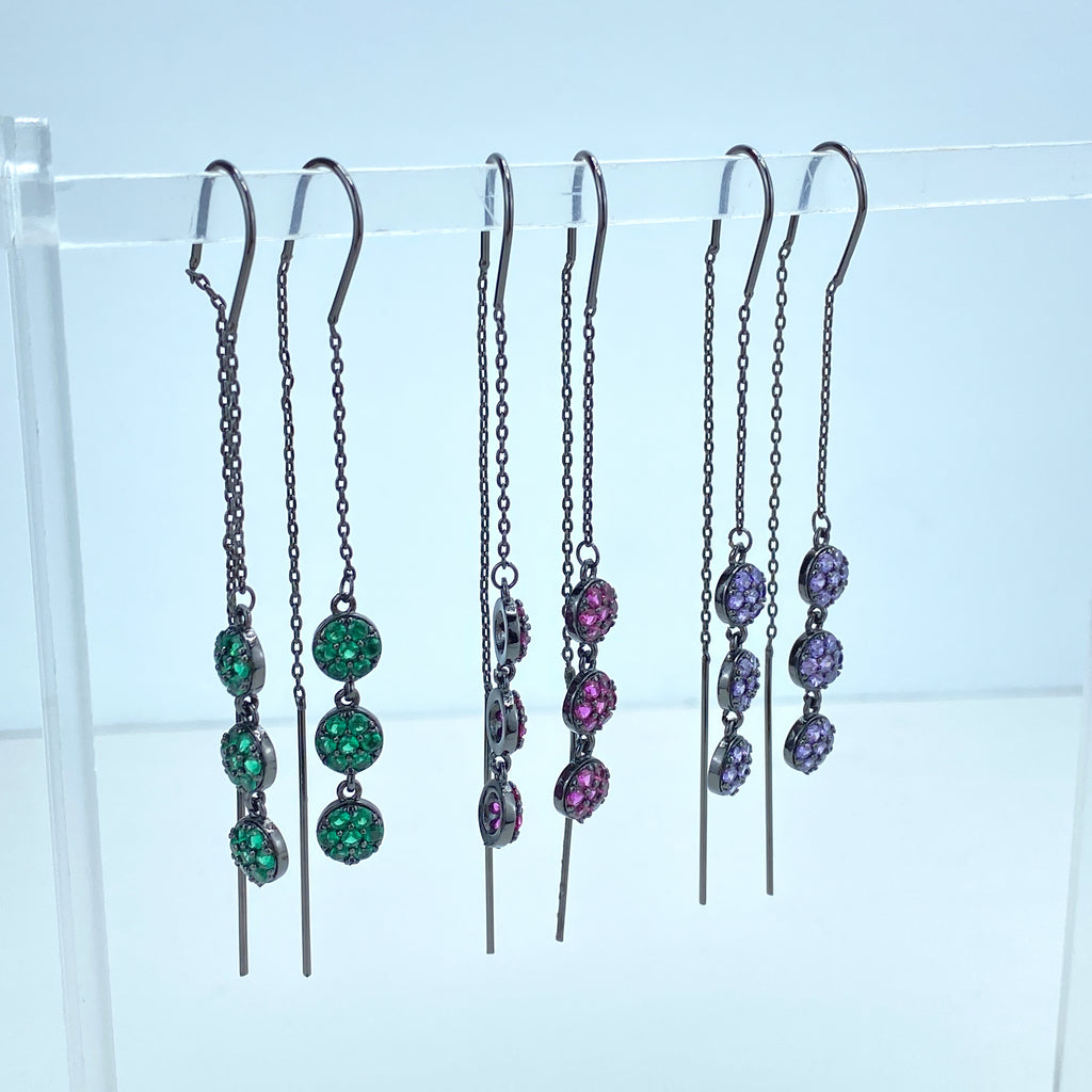 Rhodium Hematite Tone Chain Threader Earrings with Colored Cubic Zirconia Drop Circles, Pink, Green or Purple