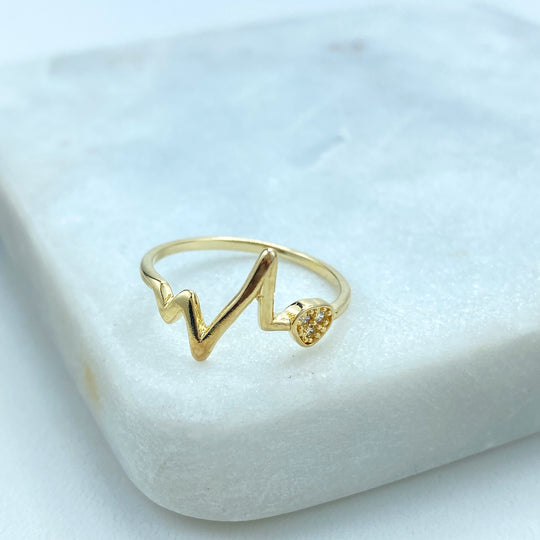 18k Gold Filled Heartbeat Line with Heart Ring, Micro CZ Heart with Heartbeat Line Thin Ring