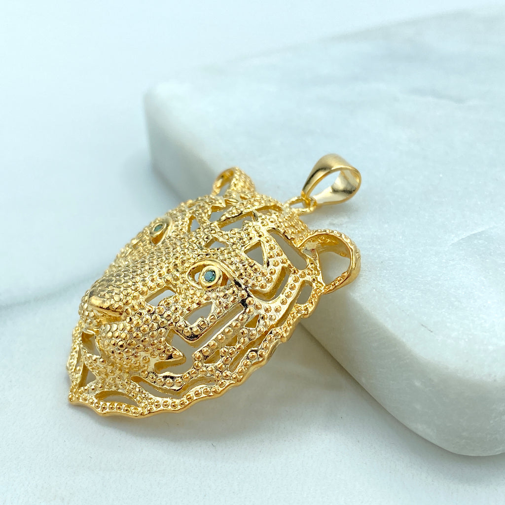 18K Gold Filled Cutout Animal Tiger Head Pendant, featuring Green CZ, Lion Head Pendant