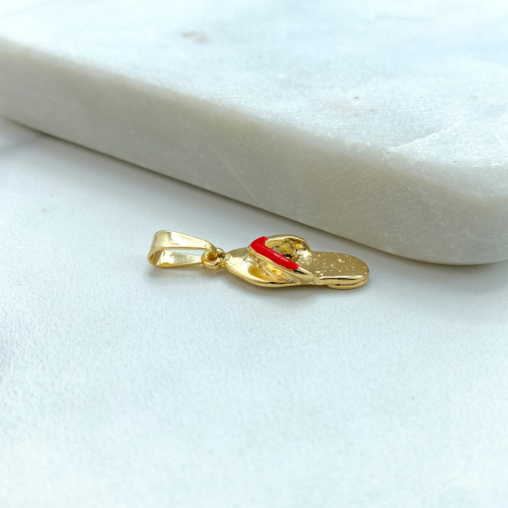 18k Gold Filled 3d Flip Flops Charm with Red Enamel, Summer Charm, Petite Red Sandal Pendant