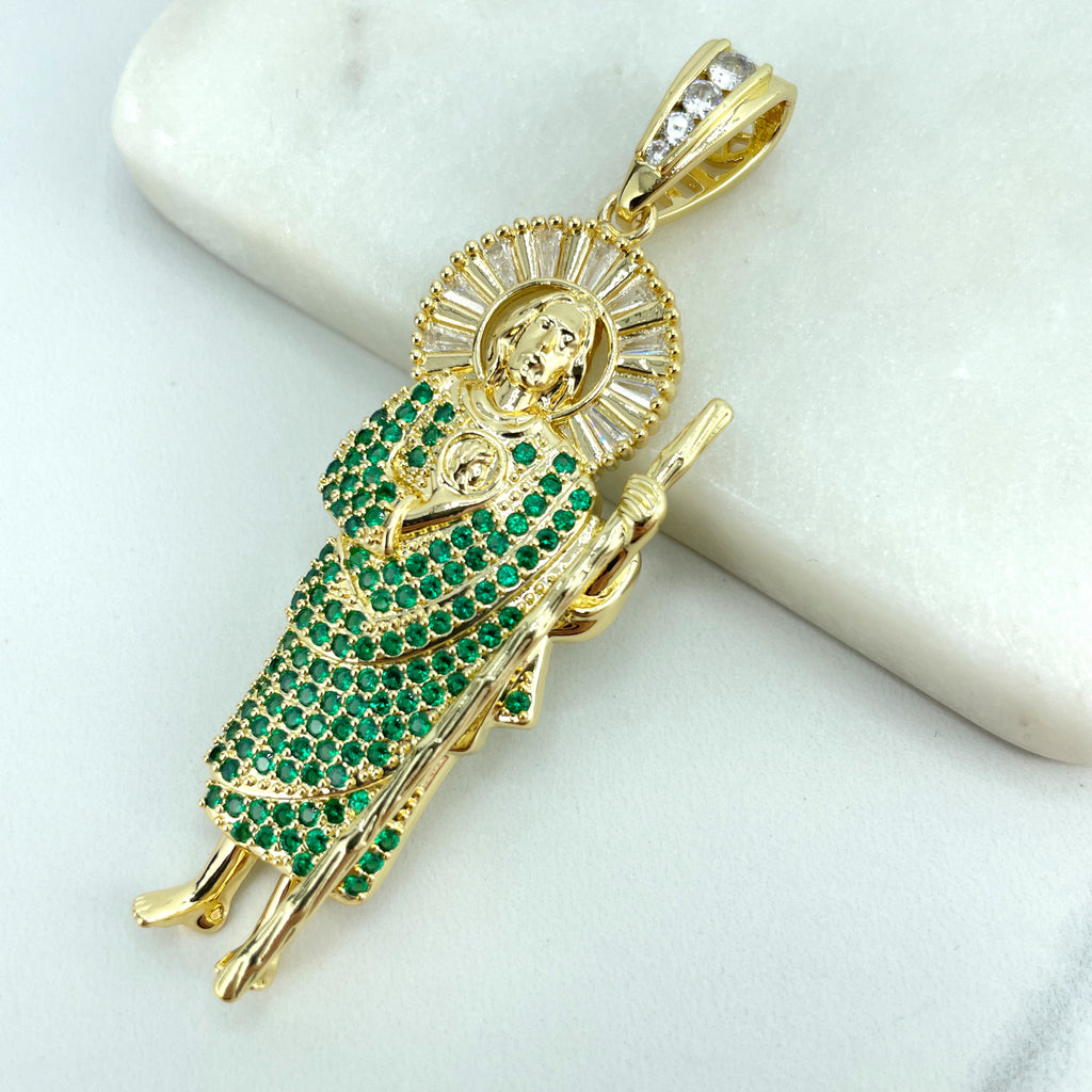 18k Gold Filled Clear Baguette & Green Micro CZ Saint Jude Charm, Religious Pendant