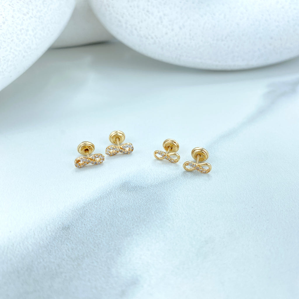 14k Solid Gold Infinity Stud Earrings featuring Cubic Zirconia, 14k Solid Gold CZ Stud