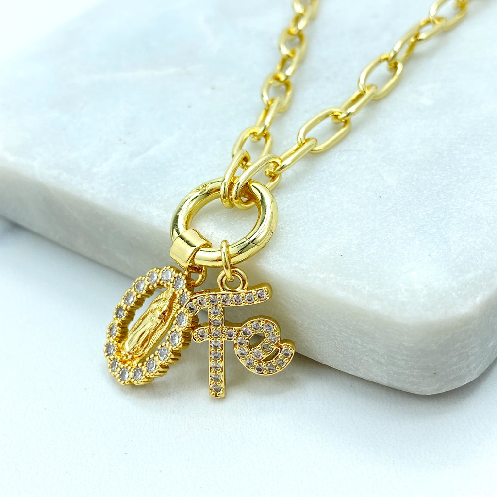 18k Gold Filled Necklace, Paperclip Chain with CZ Guadalupe Medal & “Fe” Charm Necklace, 16" + Extender