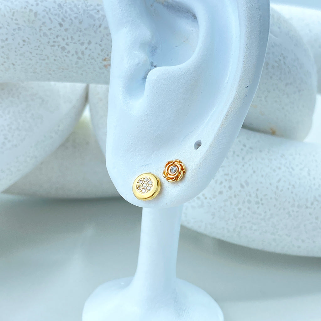 14k Solid Gold Rose Shape Stud Earrings or Circle Stud Earrings featuring CZ, 14k Solid Yellow Gold CZ Stud Earrings