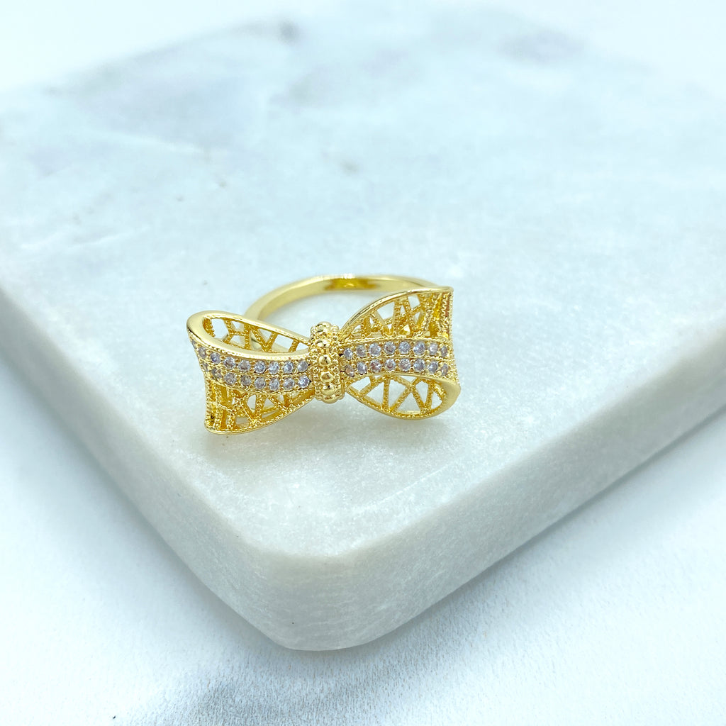 18k Gold Filled 3D Mesh Ribbon Bow Ring featuring Micro CZ | Adjustable Ring