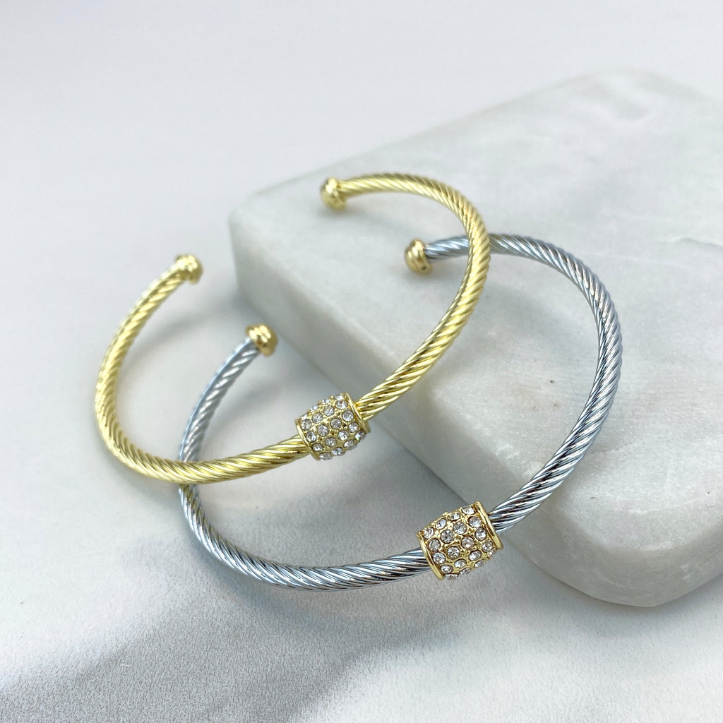 18k Gold Filled or Silver Filled Cable Cuff Bracelets with Charm featuring Micro Pave CZ Adjustable Bracelet