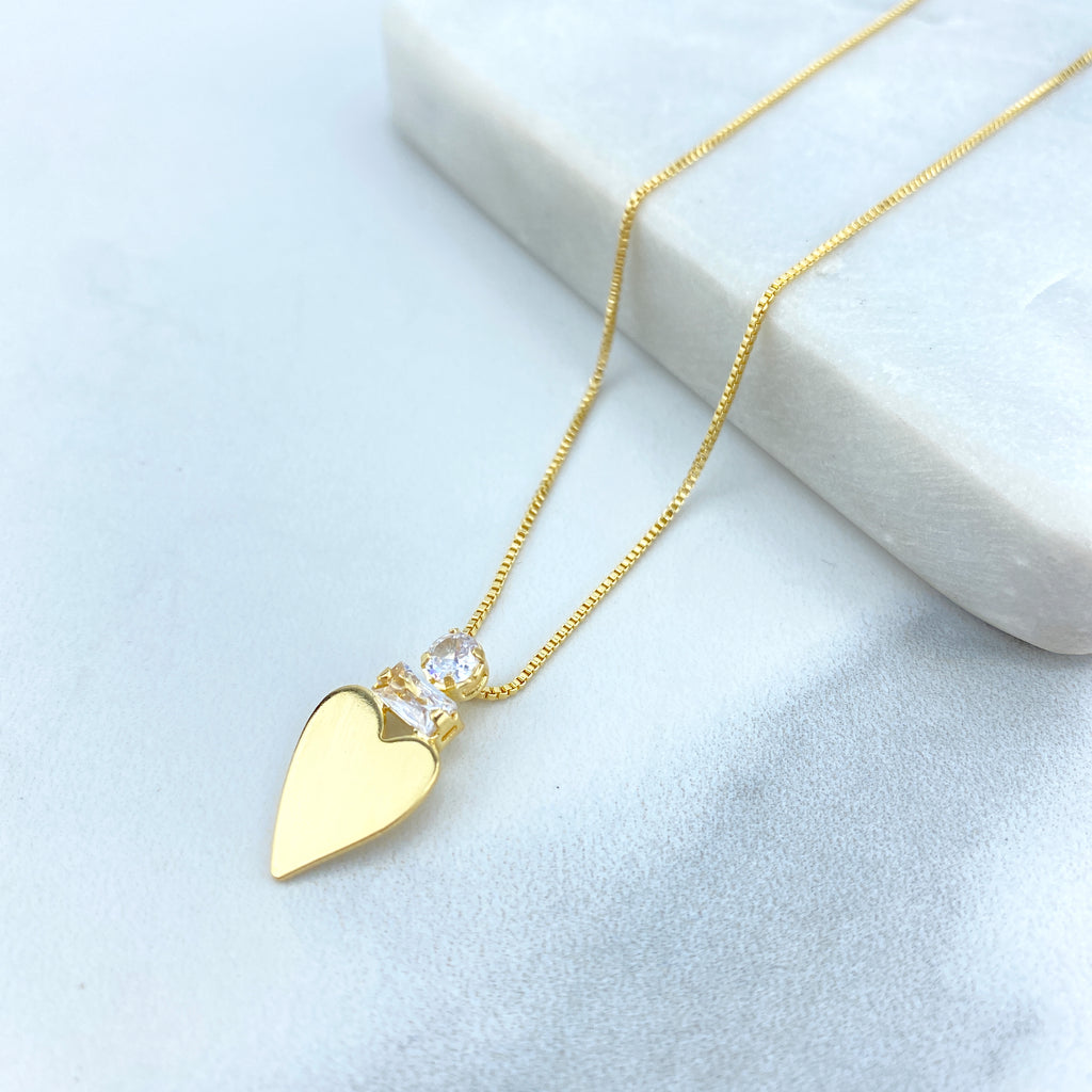 18k Gold Filled Flat Heart with Clear Cubic Zirconia Charm Necklace