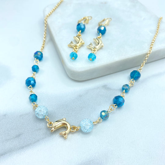 18k Gold Filled Crystal Beads Sapphire Color & Dolphin Charms Necklace or Earrings SET