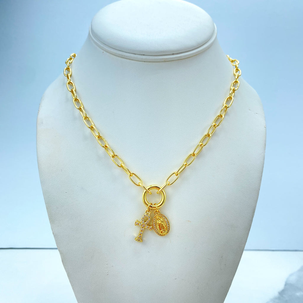 18k Gold Filled Necklace, Paperclip Chain with CZ Ankh Cross & Guadalupe Medal, Faith Religious Jewelry, 16"  + Extender