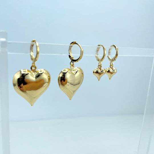 18k Gold Filled Drop Puffed Heart Huggie Earrings, Large or Small Size