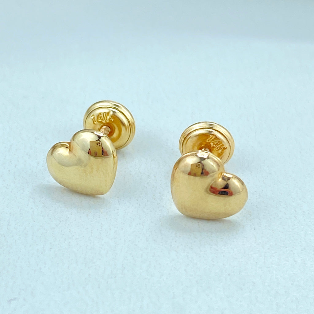 14k Solid Gold Heart Stud Earrings, 14k Solid Yellow Gold Puffed Polished Stud Earrings