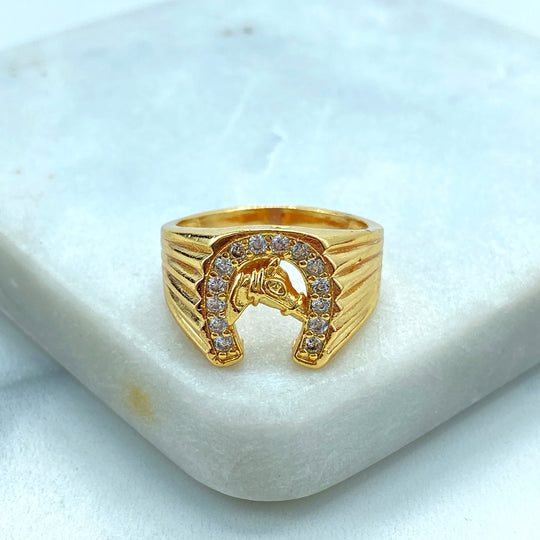 18k Gold Filled Micro Cubic Zirconia Horseshoe with Horse in Center, Unisex Horse Ring, Horse Head Shaped Ring
