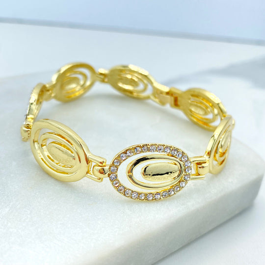 18k Gold Filled Linked Oval Charm Bracelet with Greek Key Detail and Cubic Zirconia, Greek Key Oval Chain Linked Bracelet