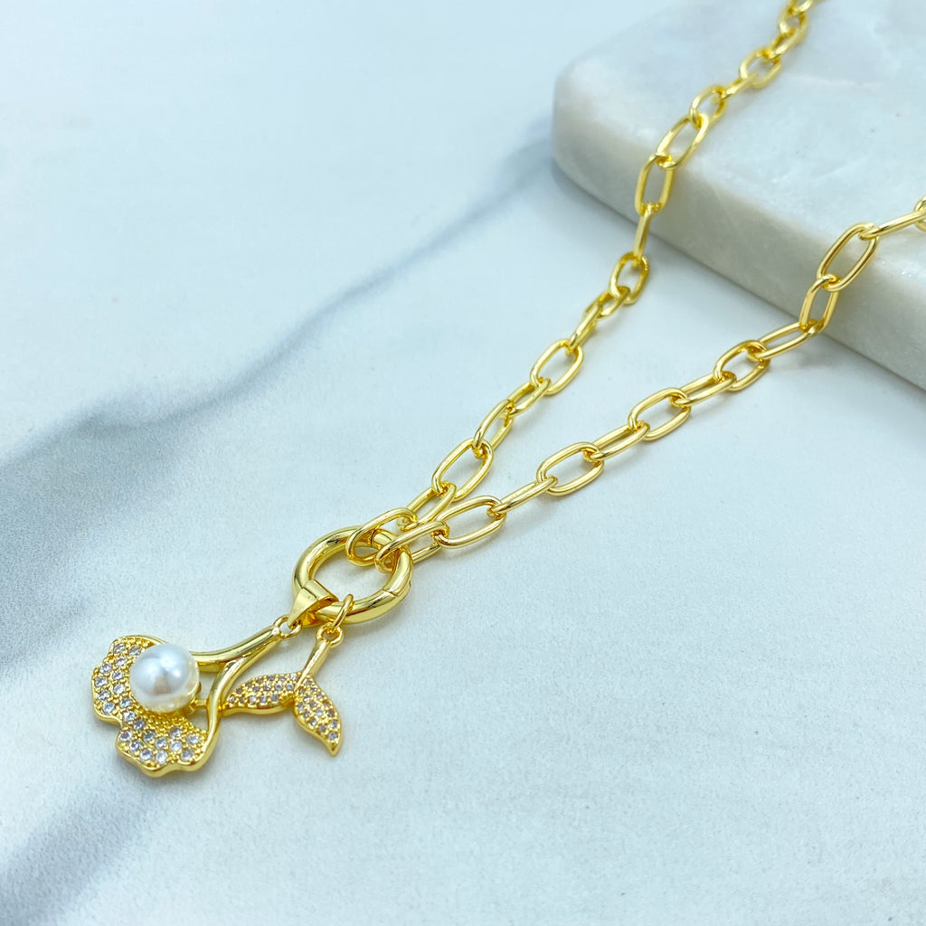 18k Gold Filled Necklace, Paperclip Chain with CZ and Pearl Mermaid Tail Dangle Charm Necklace, Dainty Ocean Jewelry