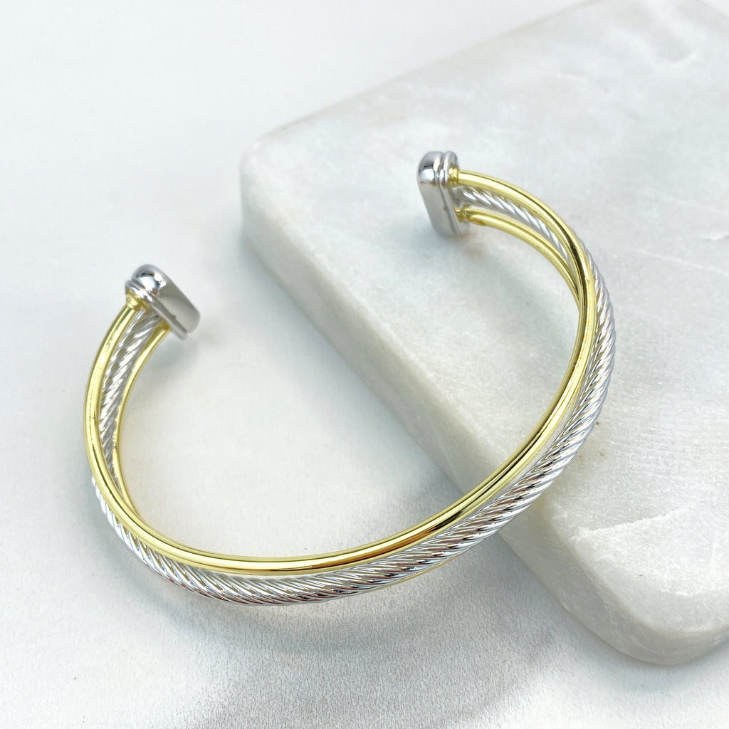 18k Gold Filled and Silver Filled Cable Cuff Bracelets, Lines, CZ Large Charms, Double CZ Charm