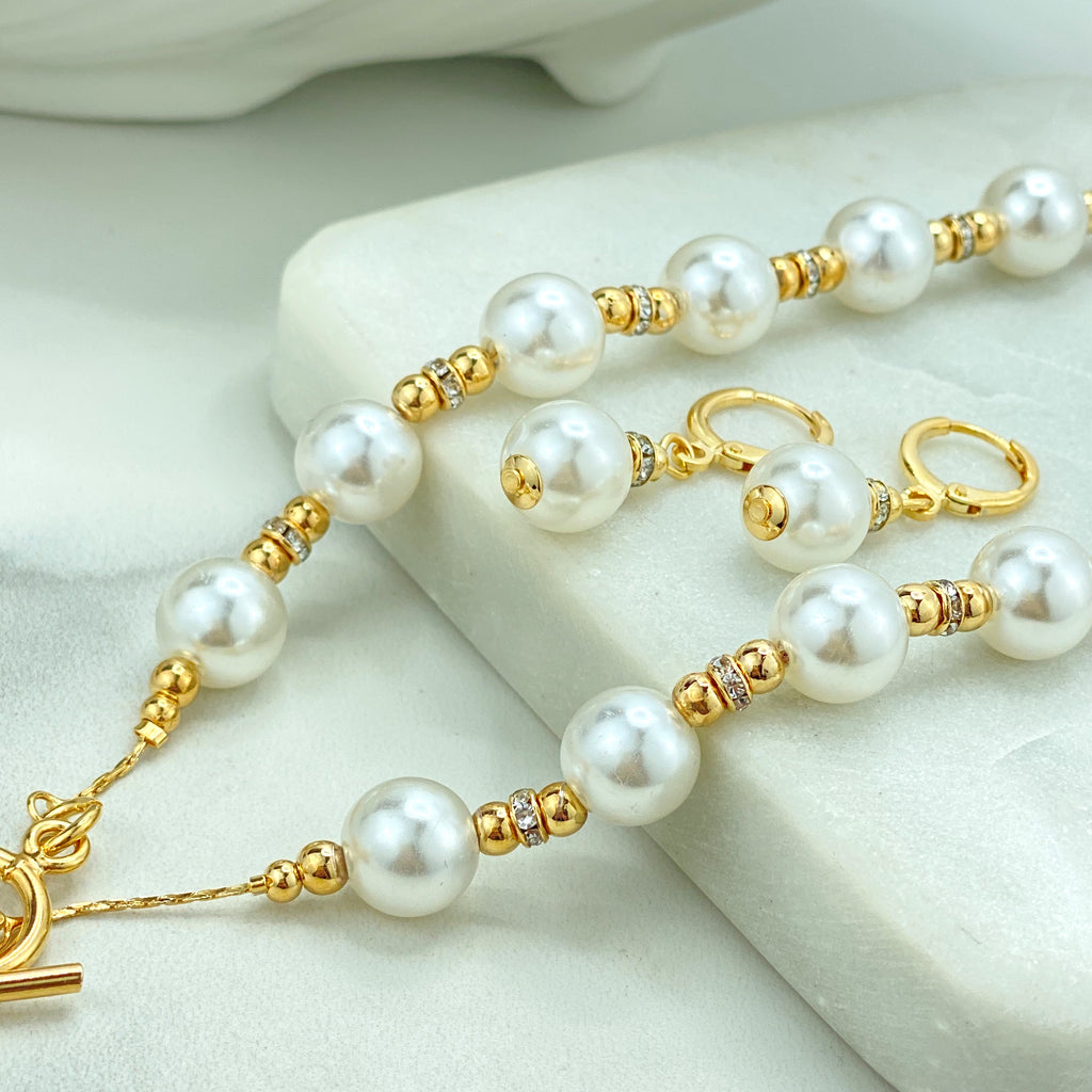 18k Gold Filled Simulated Pearl & Cubic Zirconia Necklace and Earrings Set, Toggle Clasp Pearl Necklace, Pearl Earrings