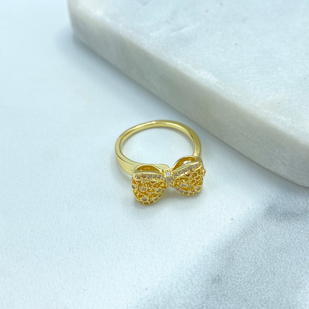 18k Gold Filled 3D Mesh Ribbon Bow Ring featuring Micro CZ | Adjustable Ring