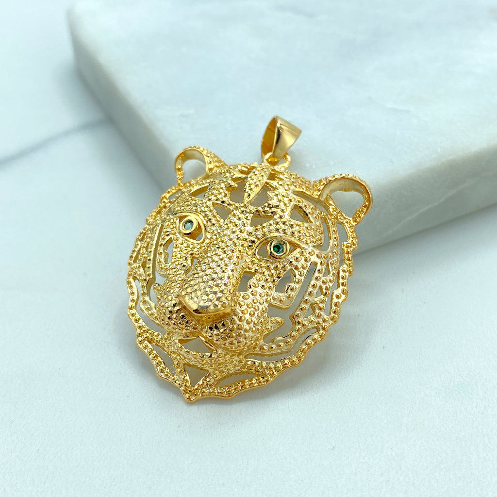 18K Gold Filled Cutout Animal Tiger Head Pendant, featuring Green CZ, Lion Head Pendant