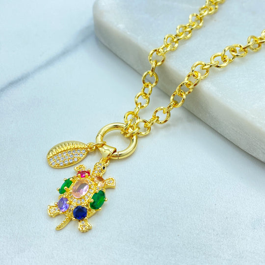 18k Gold Filled Necklace, Rolo Chain with Multicolor CZ Turtle and Clear CZ Cowry Shell Charms Necklace, 16" + Extender