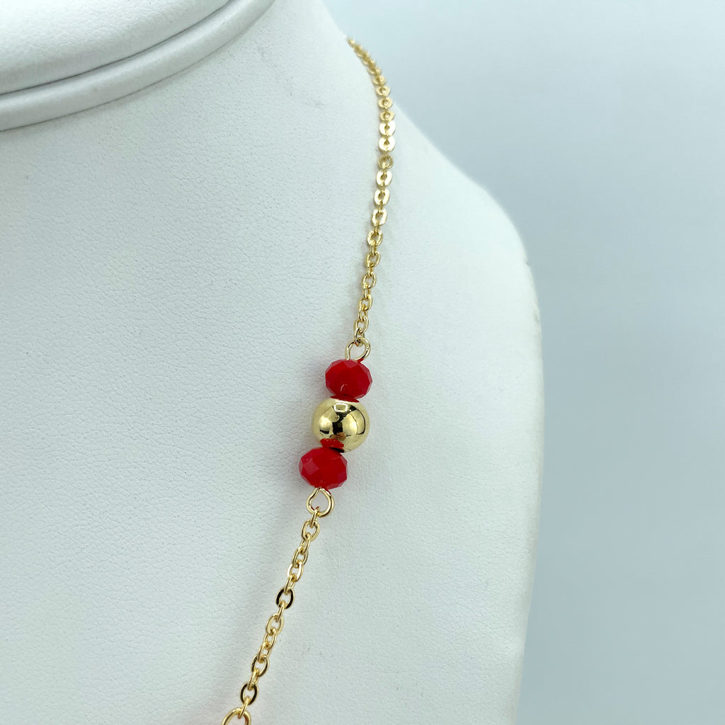 18k Gold Filled Red Beads and Gold Beads Linked with Rolo Chain Necklace Set