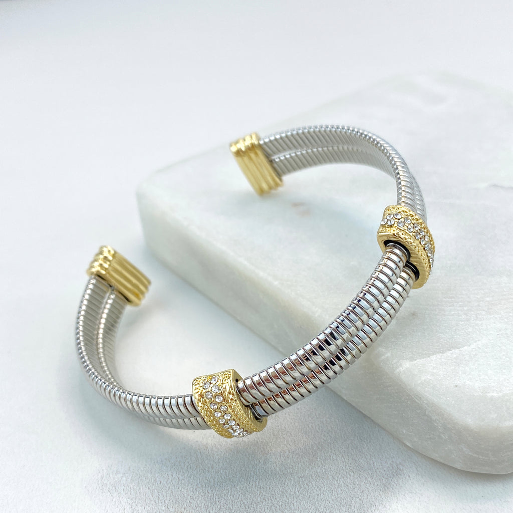 18k Gold Filled and Silver Filled Cable Cuff Bracelets, Lines, CZ Large Charms, Double CZ Charm