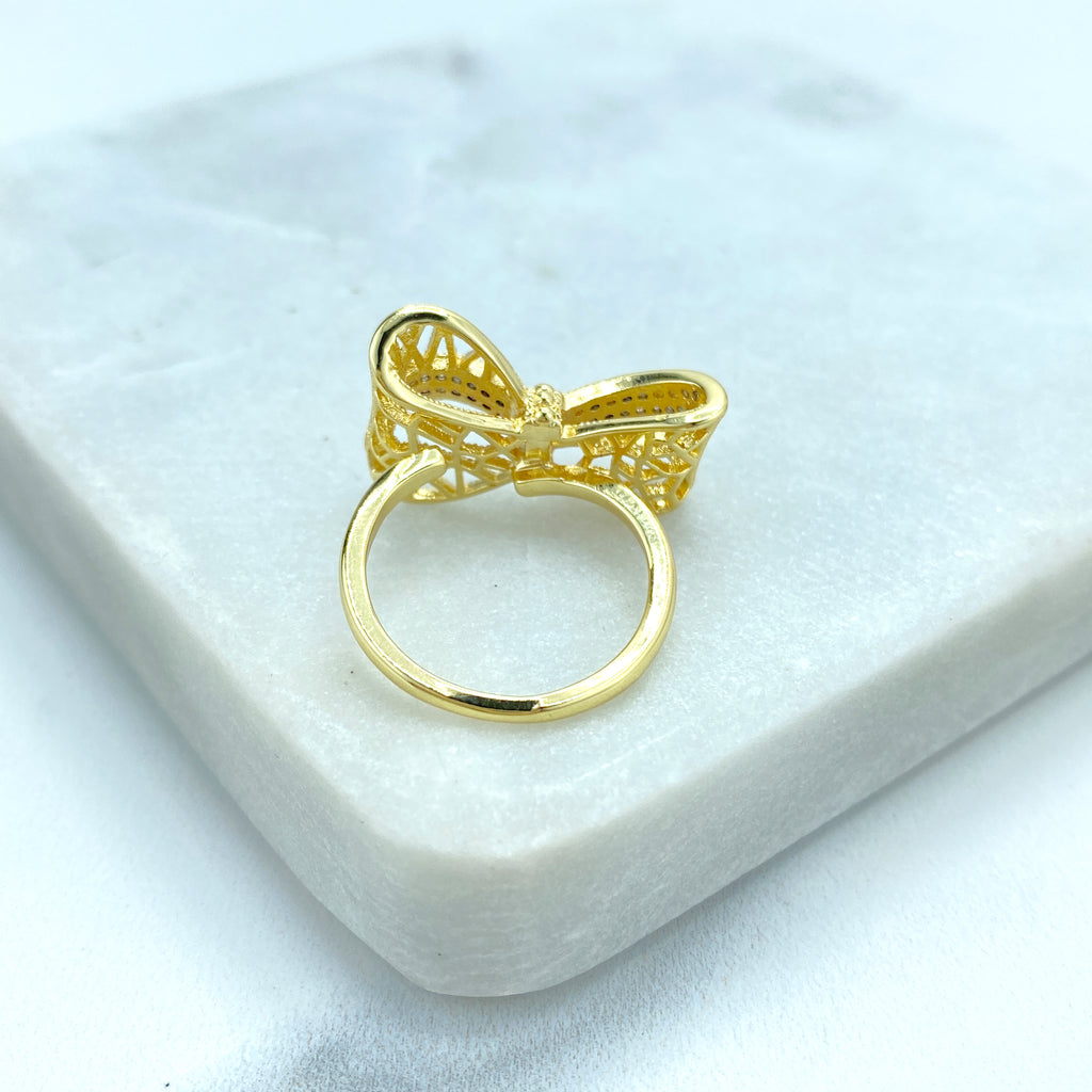 18k Gold Filled 3D Mesh Ribbon Bow Ring featuring Micro CZ | Adjustable Ring