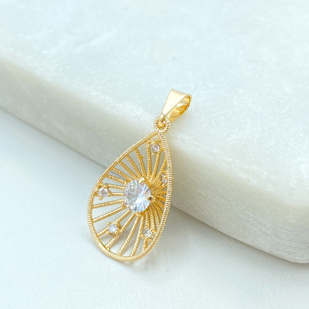 18k Gold Filled Teardrop Pendant, CZ Filigree Drop Charm, Elegant Dangle Jewelry, Sparkling Teardrop Pendant