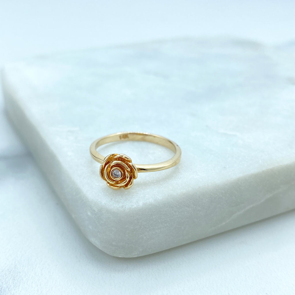 14k Solid Gold Minimalist Floral Ring, 14k Solid Gold Rose Ring featuring Cubic Zirconia