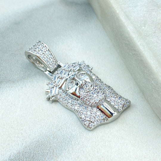 Silver Filled Jesus Christ Face Shape Pendant with Micro CZ, Large Bail Pendant, Jesus Face Charm