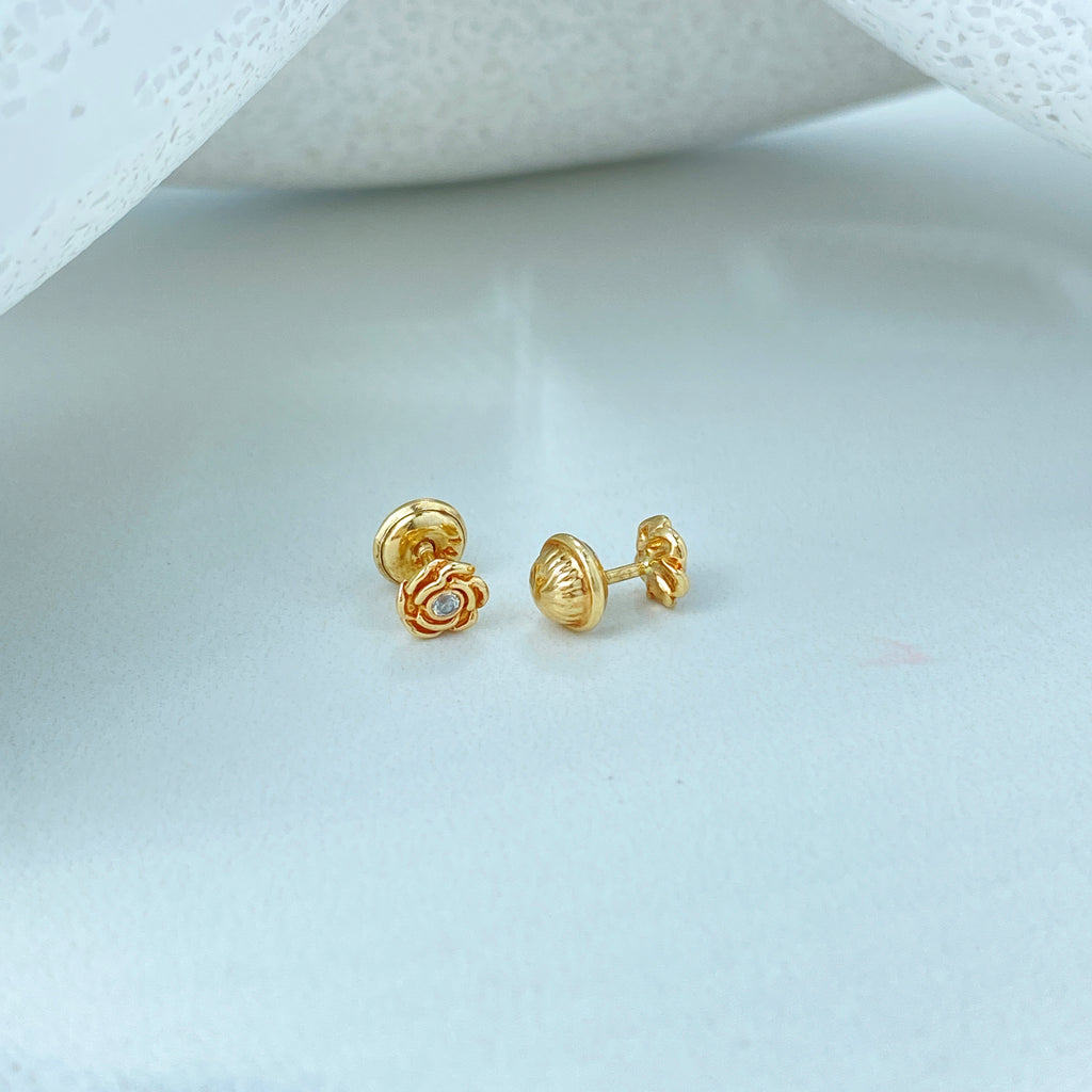 14k Solid Gold Rose Shape Stud Earrings or Circle Stud Earrings featuring CZ, 14k Solid Yellow Gold CZ Stud Earrings