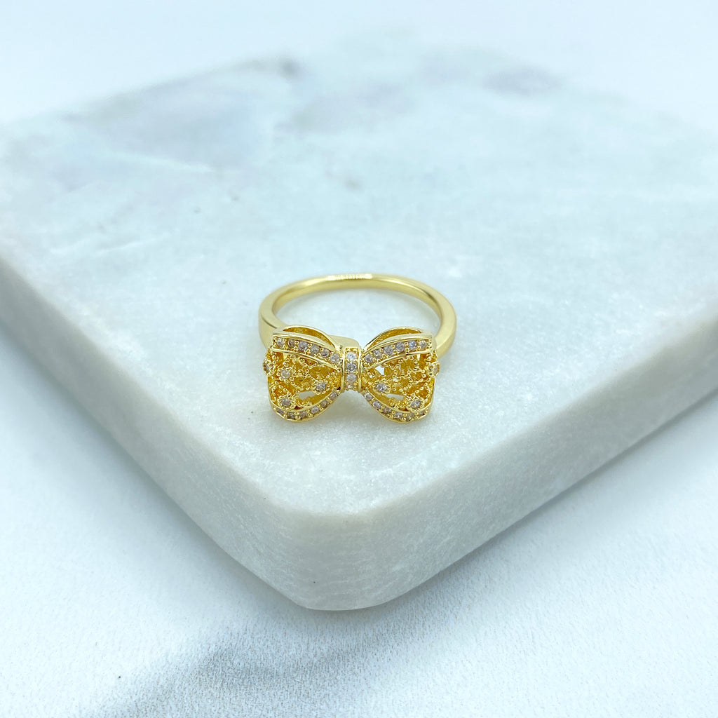 18k Gold Filled 3D Mesh Ribbon Bow Ring featuring Micro CZ | Adjustable Ring