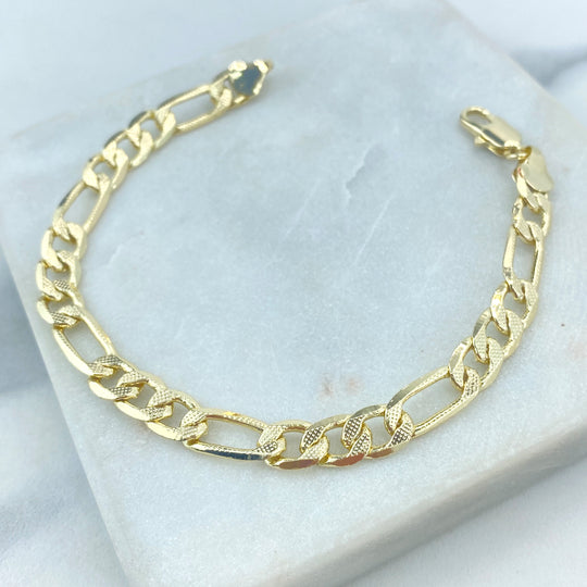 18k Gold Filled 7mm Figaro Chain Bracelet, with textured geometric details, 8 Inches Long Figaro Chain Bracelet