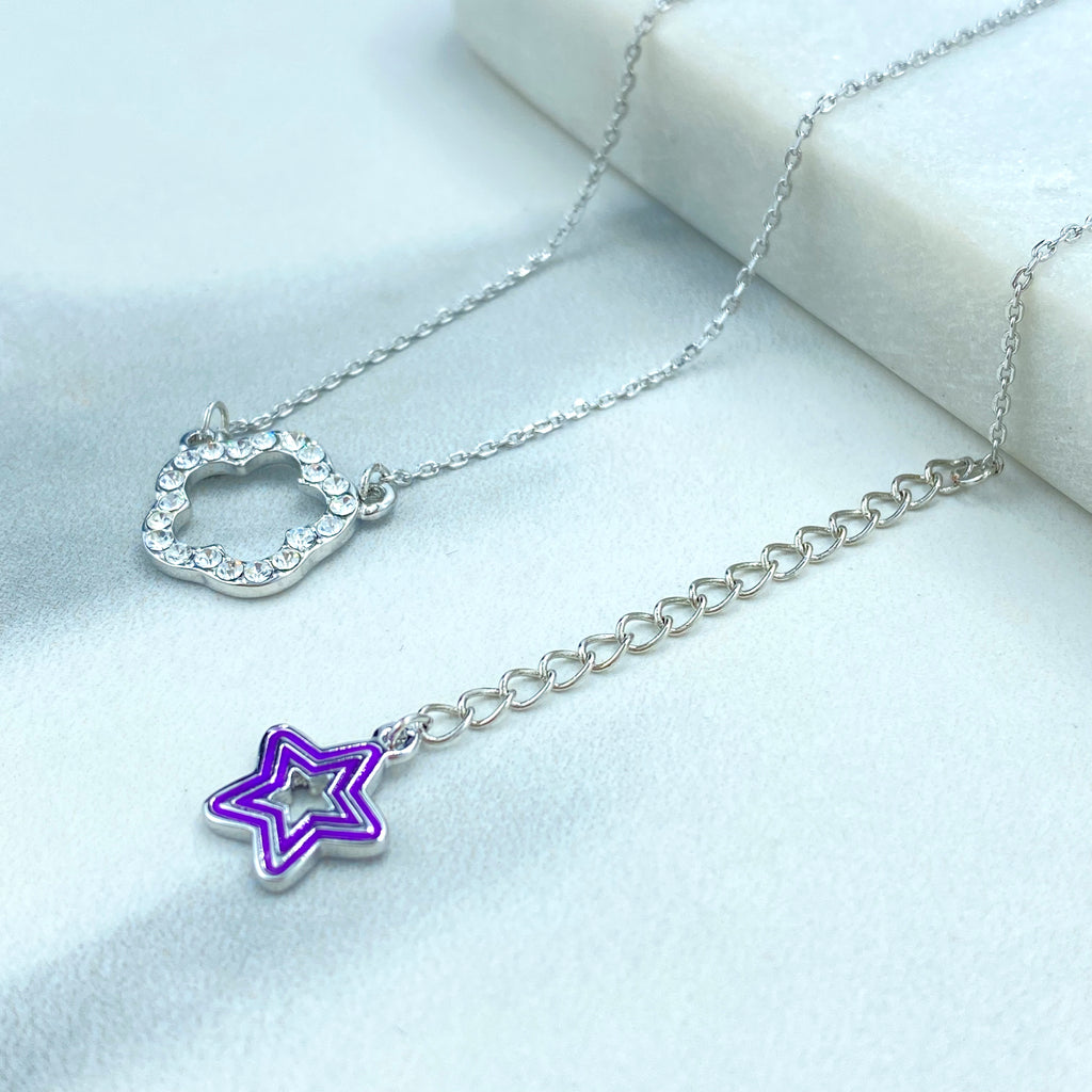 Silver Filled Delicate Necklace with CZ Flower Charm Front, and Purple Enamel Star Extender